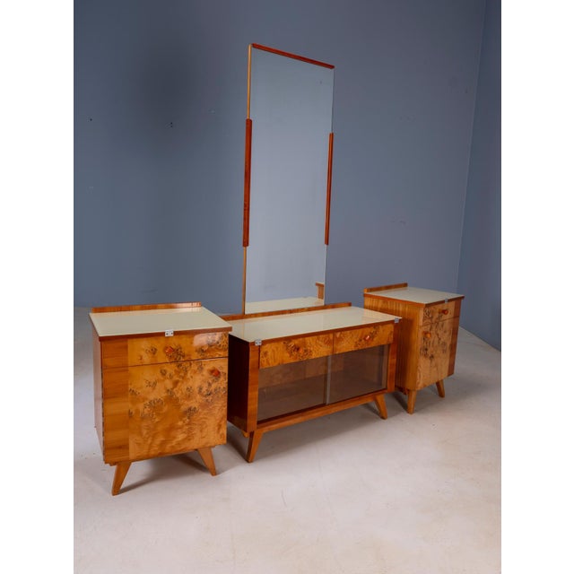 Large Vintage Dressing Table Set in Burl Veneer, 1940s, Set of 3 For Sale - Image 4 of 13