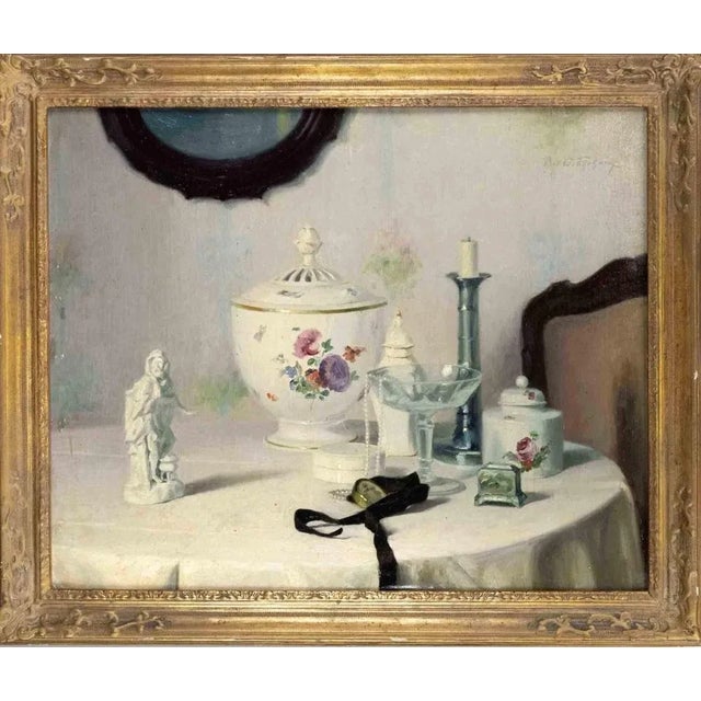 Paul Walter Erhardt, Still Life with Glass and Porcelain, Oil Painting, 1920 For Sale - Image 4 of 4