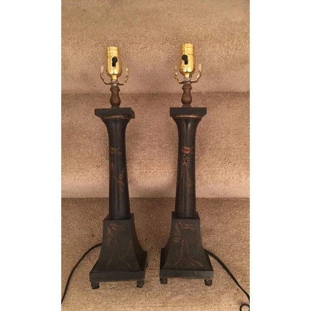 Hand-Painted Black Wooden Chinoiserie Lamp For Sale - Image 9 of 12