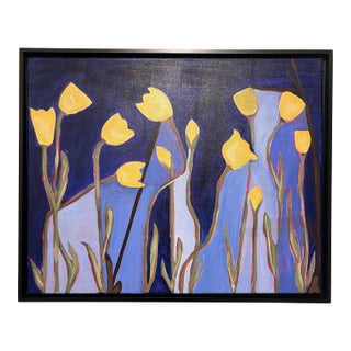 Modern Abstract Floral Folk Art Acrylic Painting on Canvas, Signed, Dated, Framed For Sale