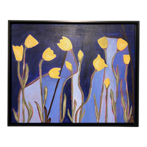 Modern Abstract Floral Folk Art Acrylic Painting on Canvas, Signed, Dated, Framed