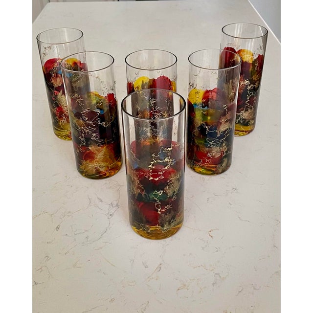 Mid-Century Modern Vintage Curtea Sticlarului Hand Blown Painted Highball Glasses - Set of 6 For Sale - Image 3 of 10