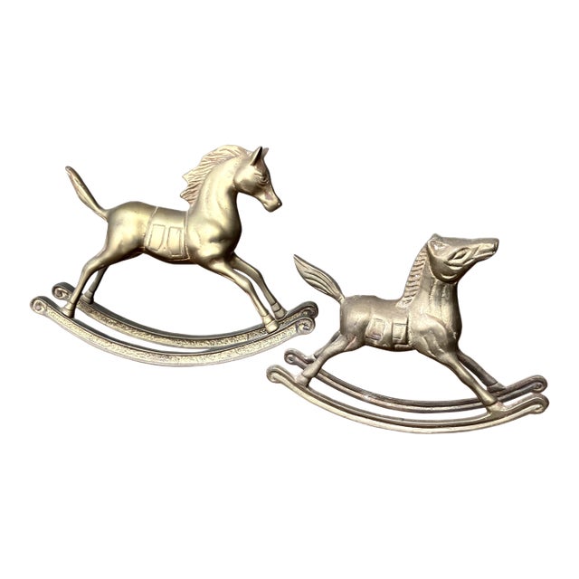 Pair of Vintage Solid Brass Rocking Horse Figurines With Patina. For Sale