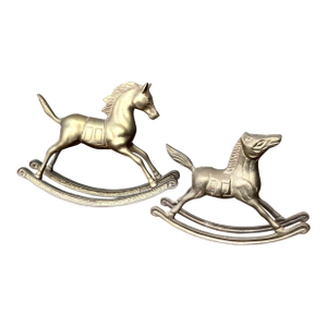 Pair of Vintage Solid Brass Rocking Horse Figurines With Patina.