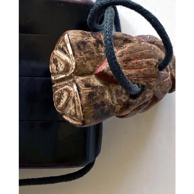 Japanese Lacquer Inro with Gold Maki-e and Carved Wood Netsuke Meiji Period For Sale - Image 10 of 11