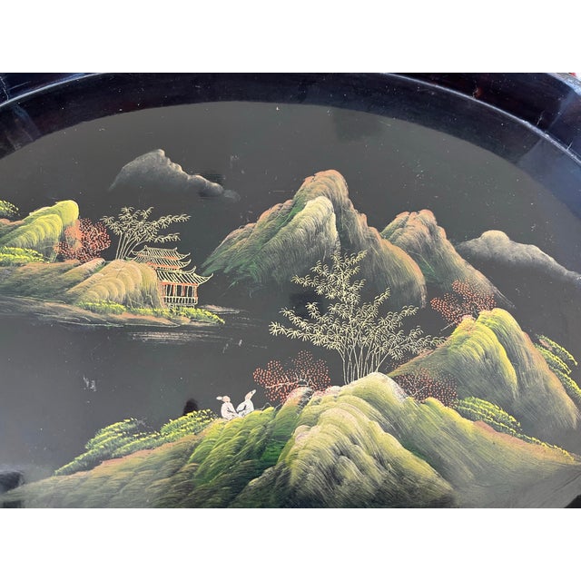Paint 1960s Vintage Hand-Painted Lacquer on Wood Chinoiserie Landscape Tray For Sale - Image 7 of 11