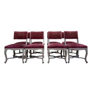Venetian Louis XV Style Chairs Lacquered Wood with Painted Details and Burgundy Velvet Seats, Set of 8 For Sale
