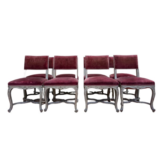 Venetian Louis XV Style Chairs Lacquered Wood with Painted Details and Burgundy Velvet Seats, Set of 8 For Sale