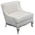 Elegant pair of French salon or lounge chairs with carved legs and base in distressed silver leaf. Curved arms with tight...