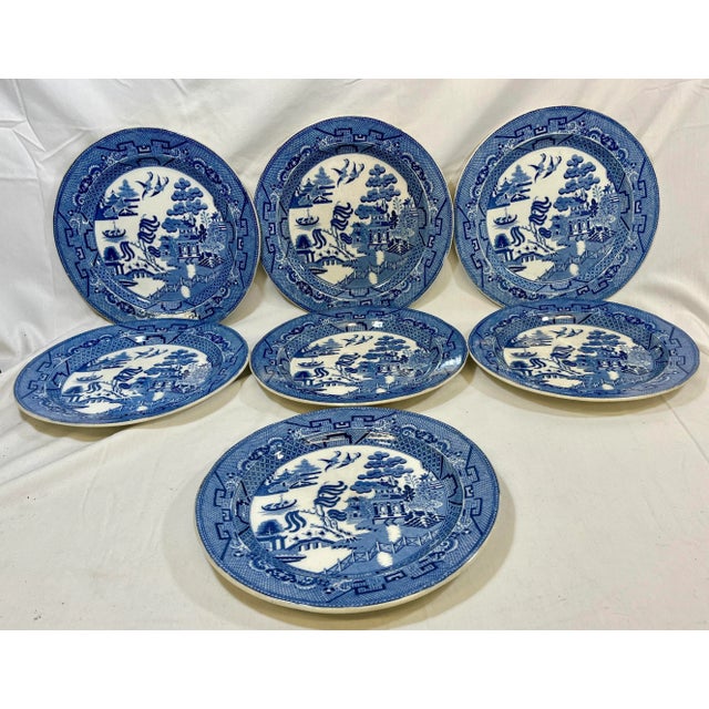 Antique Set of 7 Blue Willow Luncheon Plates Made in England - Circa 1900. Each measures 9 1/2” W x 9 1/2” D x 1” T
