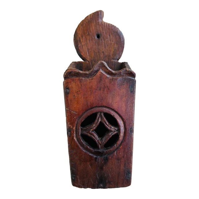 Vintage English Handcarved Rustic Wooden Candle Box For Sale