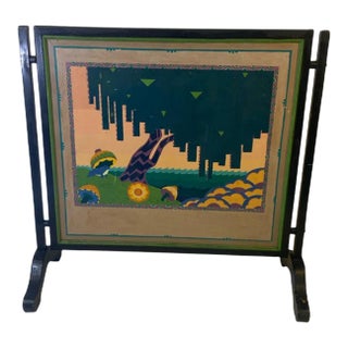 Early 20th Century Art Deco Cubist Frog in Geometric Landscape Painted Decorative Firescreen For Sale