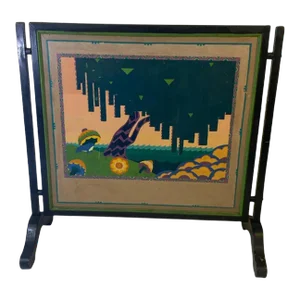 Early 20th Century Art Deco Cubist Frog in Geometric Landscape Painted Decorative Firescreen