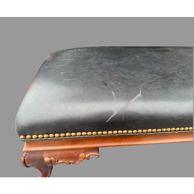 Victorian Vintage Hancock & Moore Carved Mahogany & Black Leather Foot Stool Bench For Sale - Image 3 of 11