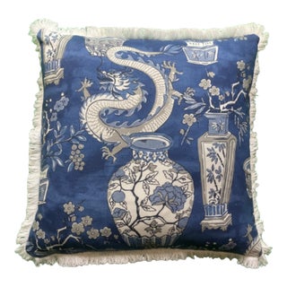 Chinoiserie Blue Ming Dynasty Jars and Dragons Square Designer Pillow With Down Feather Insert For Sale