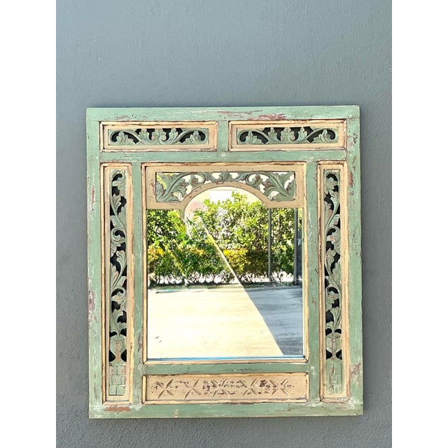 Shabby Chic Vintage Distressed Carved Wood Mirror For Sale - Image 3 of 12