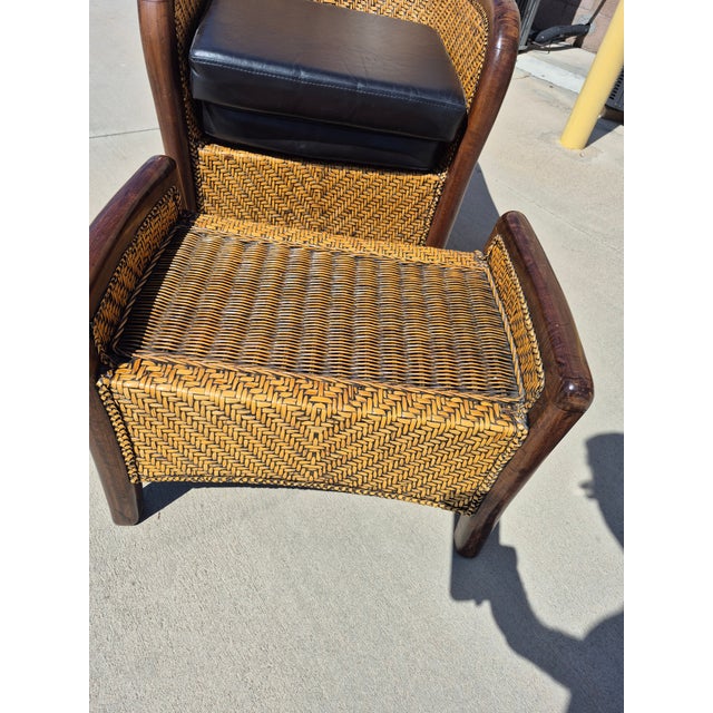 French Vintage 1950s French Style Rattan and Wicker Club Chair With Matching Footrest For Sale - Image 3 of 13