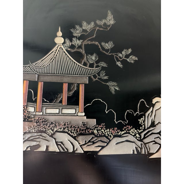 1960s Asian Coromandel-Style Black Lacquer Double-Sided Four-Panel Folding Screen For Sale In San Diego - Image 6 of 17
