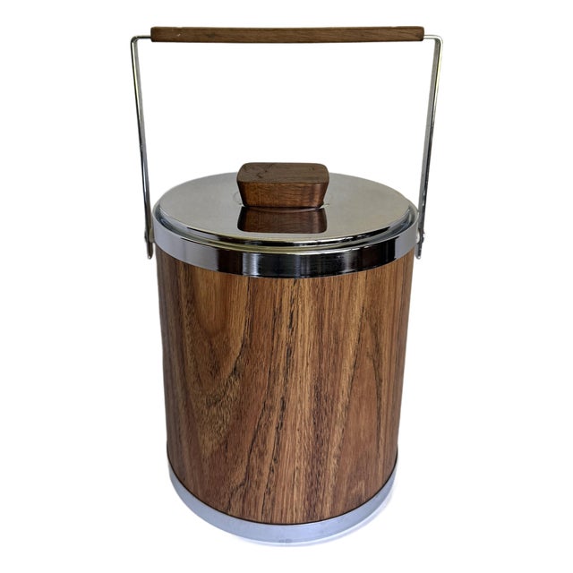 1960s Mid Century Modern Kromex Faux Wood Ice Bucket With Chrome Lid & Wood Accents For Sale