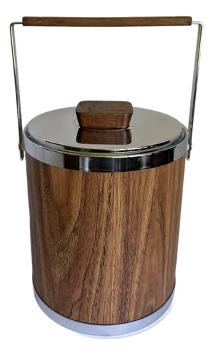 1960s Mid Century Modern Kromex Faux Wood Ice Bucket With Chrome Lid & Wood Accents