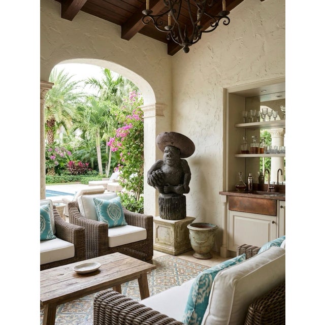 Stone Vintage Hand-Carved Volcanic Stone Whimsical Monkey With Sombrero & Bananas Garden Statue For Sale - Image 7 of 12