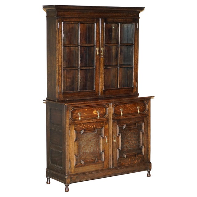 Vintage Jacobean Revival English Carved Oak Bookcase, 1900s For Sale