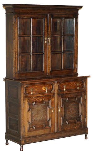 Vintage Jacobean Revival English Carved Oak Bookcase, 1900s
