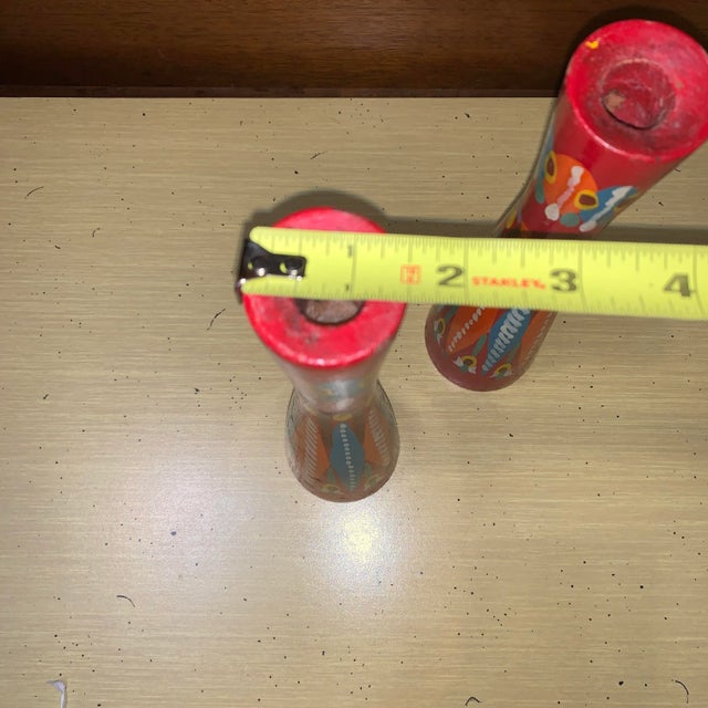 Red 20th Century Folk Art Red and Multicolored Design Wooden Candlestick Holders- a Pair For Sale - Image 8 of 12