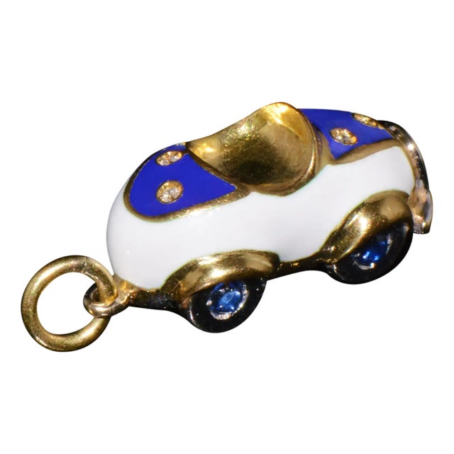 Designer Aaron Basha Natural Diamond Sapphire & Enamel Solid 18k Gold Luxury Car Charm Pendant For Sale