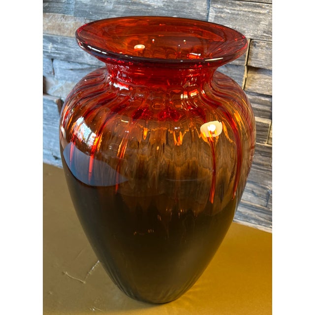 Contemporary Lart Fluted Art Glass Vase Brown Orange Red Ombre For Sale - Image 3 of 12
