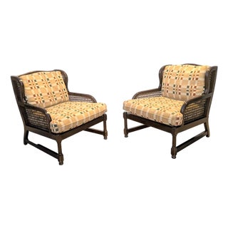 Pair of Vintage Henredon Low-Profile Cane Wingback Lounge Chairs For Sale