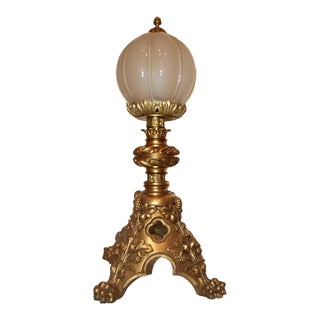 Large Antique Ornate Dore Bronze Frosted Glass Religious Church Lamp Light For Sale