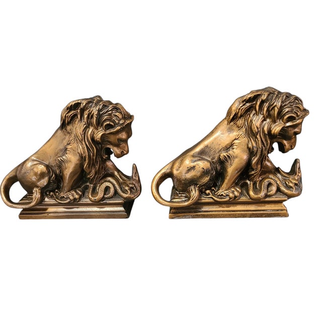 Antique Neoclassical Pair of Bookends Lion Fighting a Serpent Bronzed Metal Spelter For Sale - Image 12 of 12
