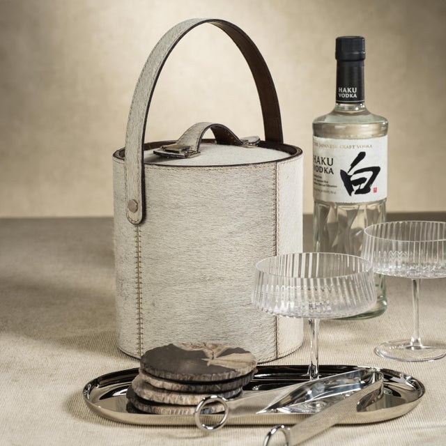 Contemporary Bilthoven Hair-On-Hide Leather Insulated Ice Bucket For Sale - Image 3 of 3