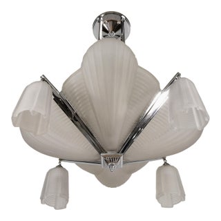 Petitot French Modernist Art Deco Chandelier 1930s - Frosted Glass & Nickeled Bronze For Sale