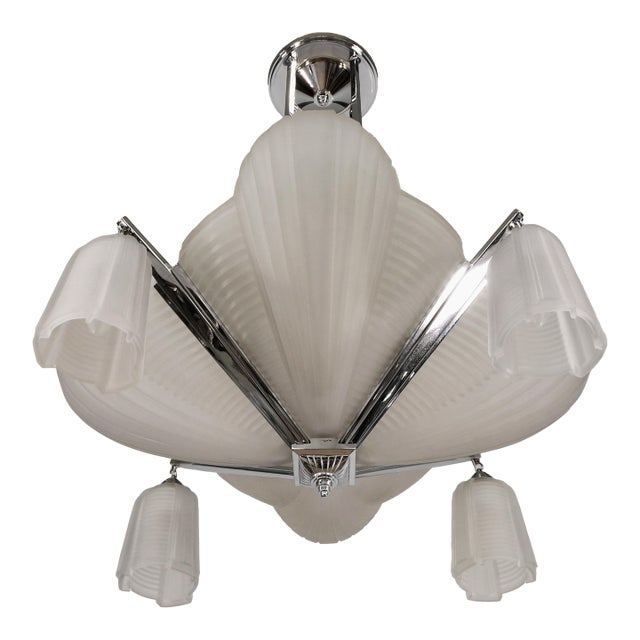 Petitot French Modernist Art Deco Chandelier 1930s - Frosted Glass & Nickeled Bronze For Sale