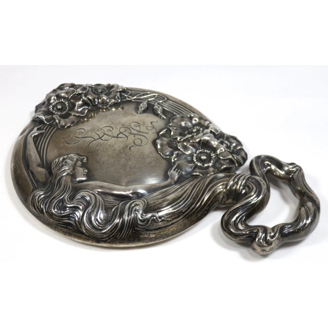 1900 - 1909 Fancy Antique Art Nouveau Sterling Silver Vanity Hand Mirror For Sale - Image 5 of 13