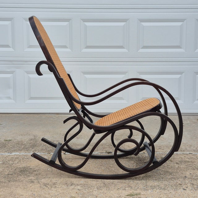 1970s 1970s Vintage Thonet Style Bentwood Cane Rocking Chair Dark Stained Frame For Sale - Image 5 of 12