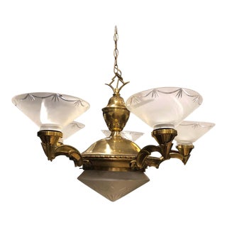 1930s Stylish Italian Art Deco Brass and Glass Chandelier For Sale