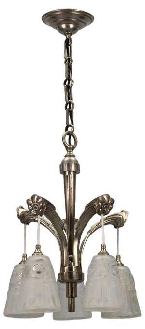 Art Deco French Brass Five-Light Chandelier with White Glass by Degué, 1930s