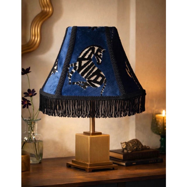 2020s Designer Regal Sapphire Blue Velvet Zebra Lampshade With Rayon Fringe Trim For Sale - Image 5 of 5