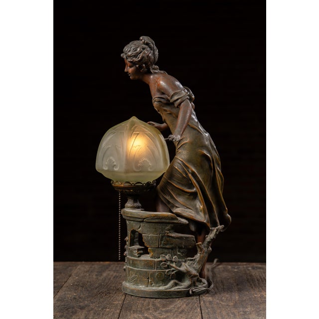 1910s Art Nouveau Figural Lamp With Uranium Glass Shade by Anglade For Sale - Image 4 of 14