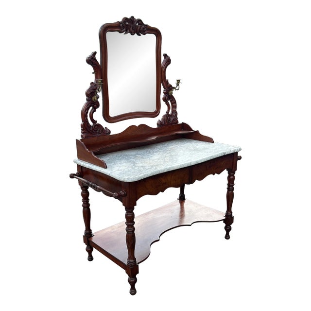 Antique French Wood Vanity/ Wash Stand With Pivoting Antiqued Mirror, Marble Top and Towel Bars For Sale
