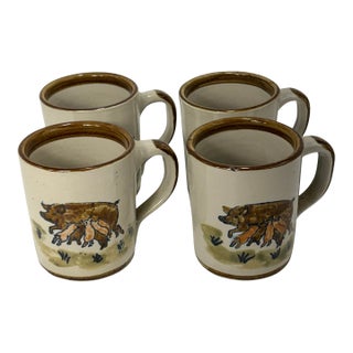 Vintage Louisville Stoneware Pig Mug Set Kentucky Pottery Farmhouse Coffee Cups - Set of 4 For Sale