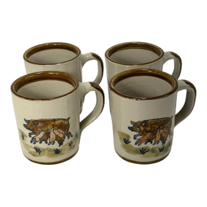 Vintage Louisville Stoneware Pig Mug Set Kentucky Pottery Farmhouse Coffee Cups - Set of 4