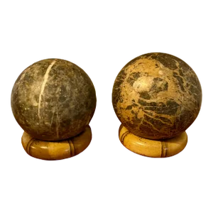 Antique 19th Century French Grand Tour Carved Hard Stone Marble Spheres on Faux Bamboo Wood Stands - a Pair