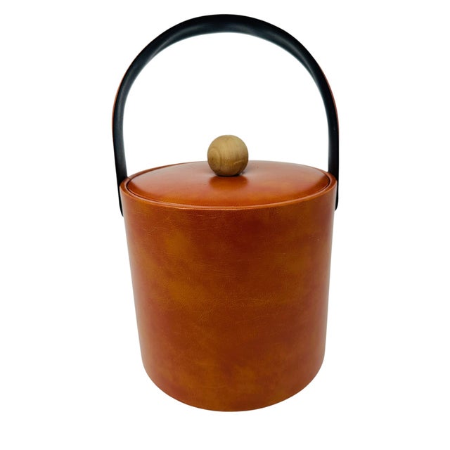 Mid-Century Modern Vintage Georges Briard Ice Bucket | Burnt Orange Cinnamon Faux Leather Vinyl Signed MCM Bar Decor | Wooden Knob Lid For Sale - Image 3 of 14
