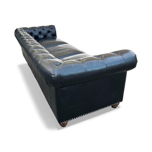 Black 1990s Grand Leather Chesterfield Sofa With Rolled Arms and Brass Nail Head Trim For Sale - Image 8 of 11