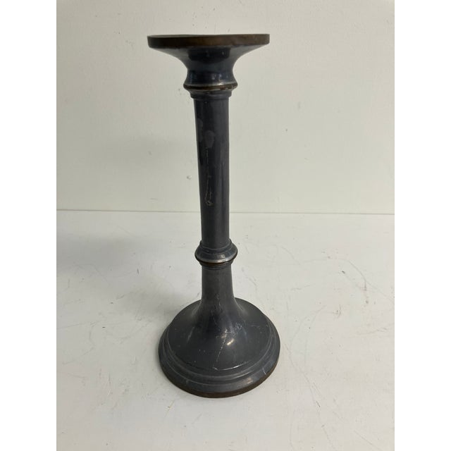 Metal Vintage Tall Pewter Candlestick With Copper Bands by Rubicon International For Sale - Image 7 of 14