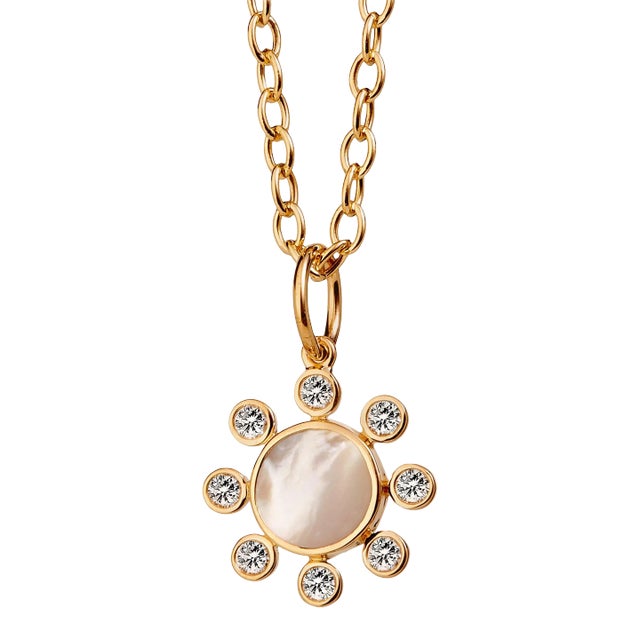Syna Yellow Gold Mother of Pearl Pendant with Diamonds For Sale